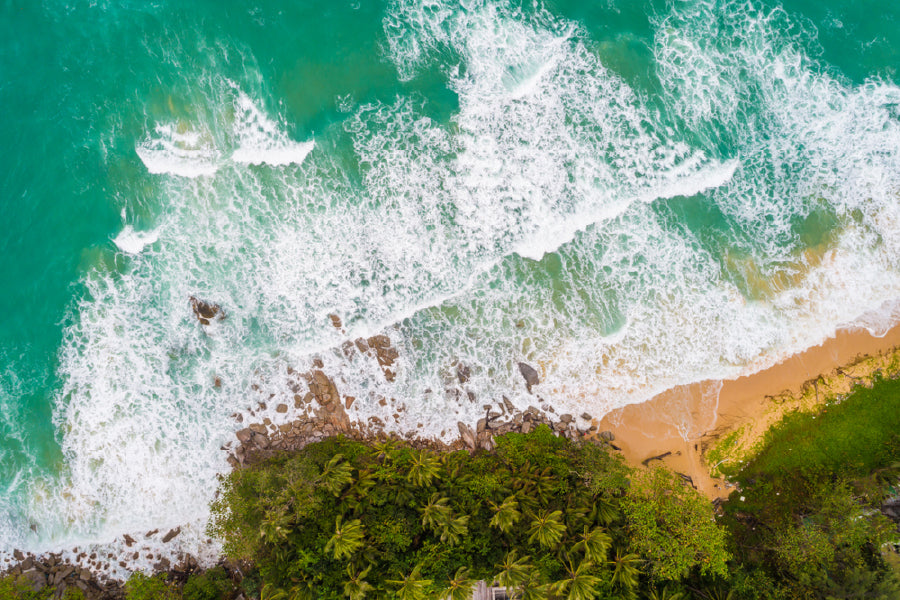 Sea Wave on Rocks & Trees Aerial View Home Decor Premium Quality Poster Print Choose Your Sizes