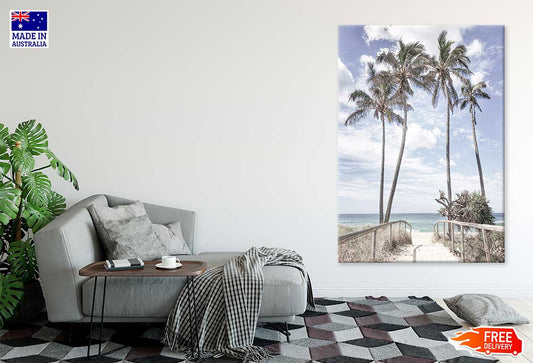Tall Palm Trees & Fence Near Sea Photograph Print 100% Australian Made