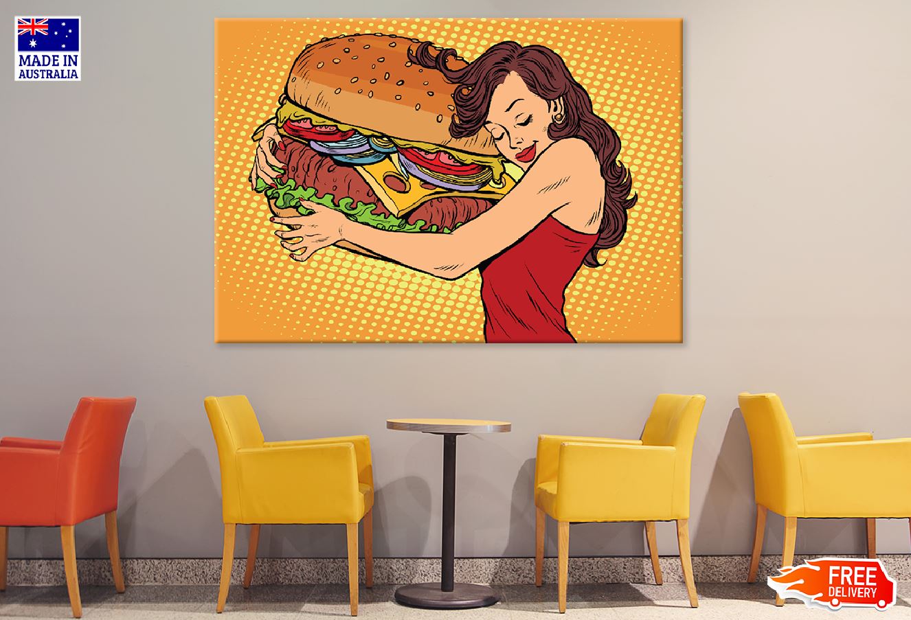 Beautiful Young Woman Hugging Burger Print 100% Australian Made