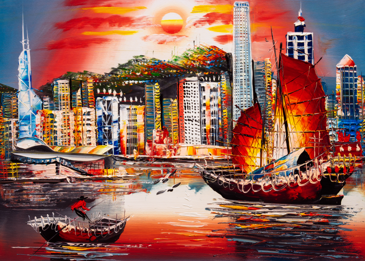 Boats on Beach in Sunset with City view Oil Painting Print 100% Australian Made