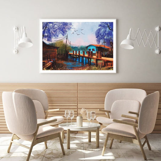 House Near River Oil Painting Home Decor Premium Quality Poster Print Choose Your Sizes