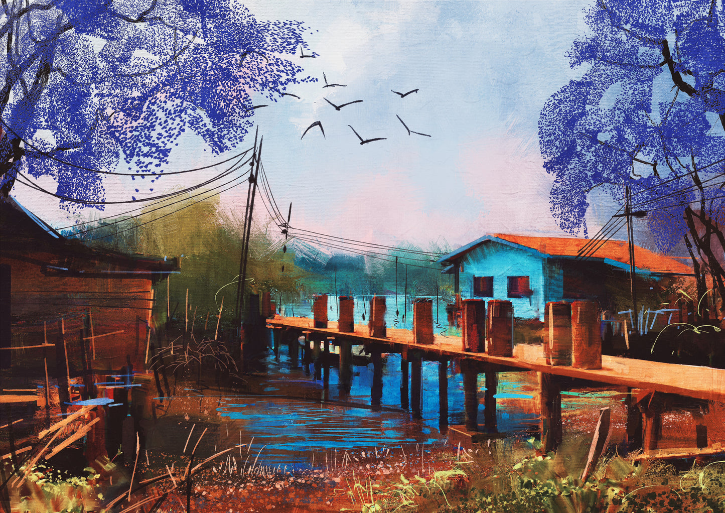House Near River Oil Painting Home Decor Premium Quality Poster Print Choose Your Sizes