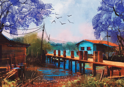House Near River Oil Painting Home Decor Premium Quality Poster Print Choose Your Sizes