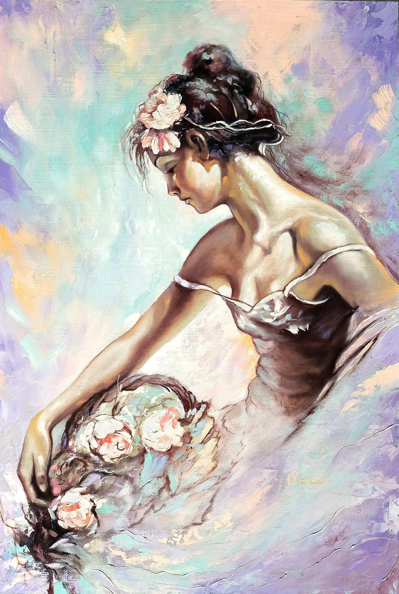 Girl with Flower Bouquet Painting Home Decor Premium Quality Poster Print Choose Your Sizes