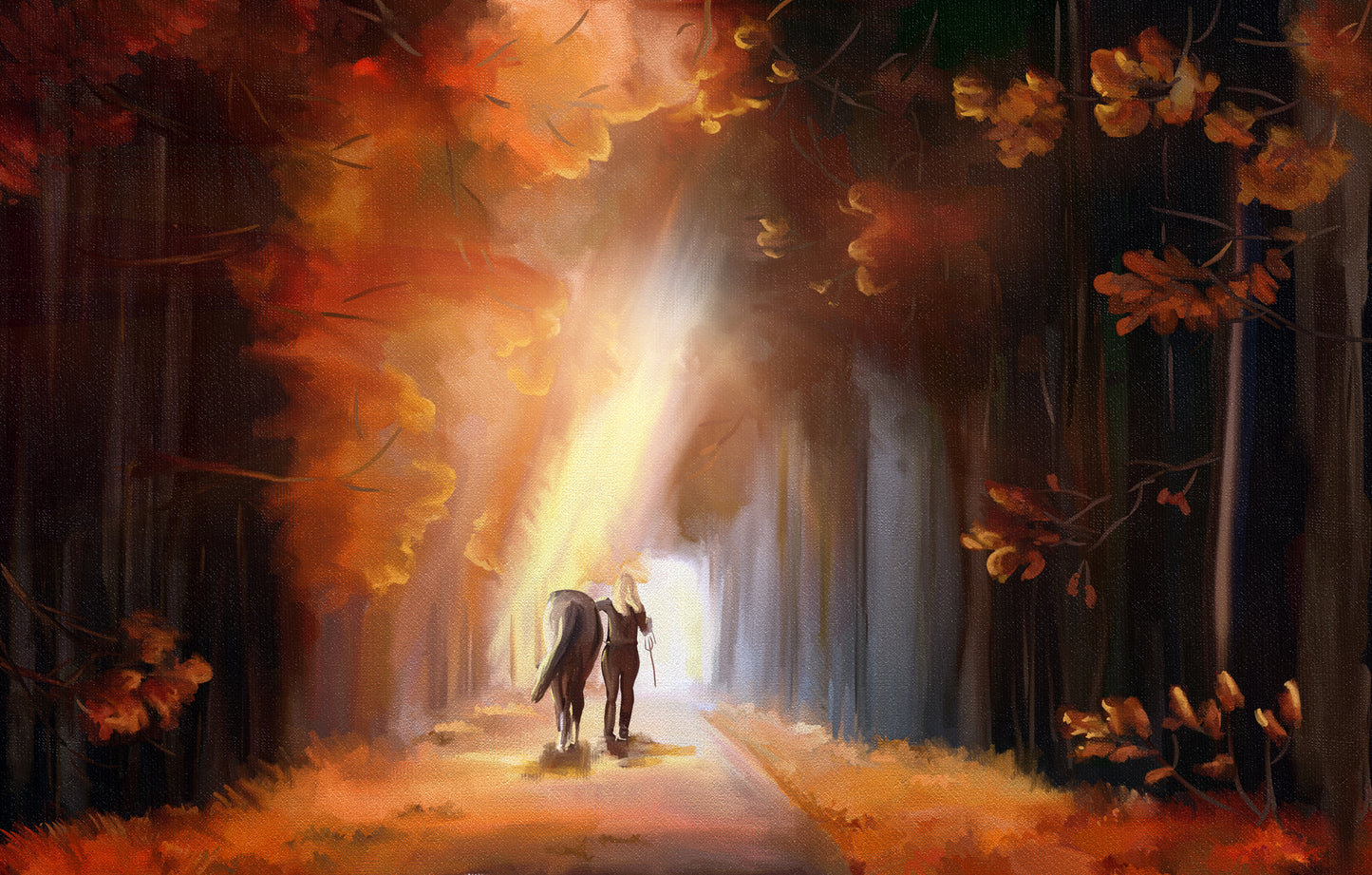 Girl & Horse Walking Oil Painting Home Decor Premium Quality Poster Print Choose Your Sizes