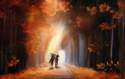 Girl & Horse Walking Oil Painting Home Decor Premium Quality Poster Print Choose Your Sizes