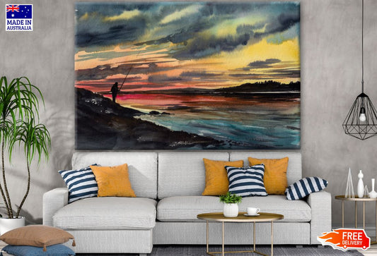 Fisherman Near Lake Watercolor Painting Print 100% Australian Made