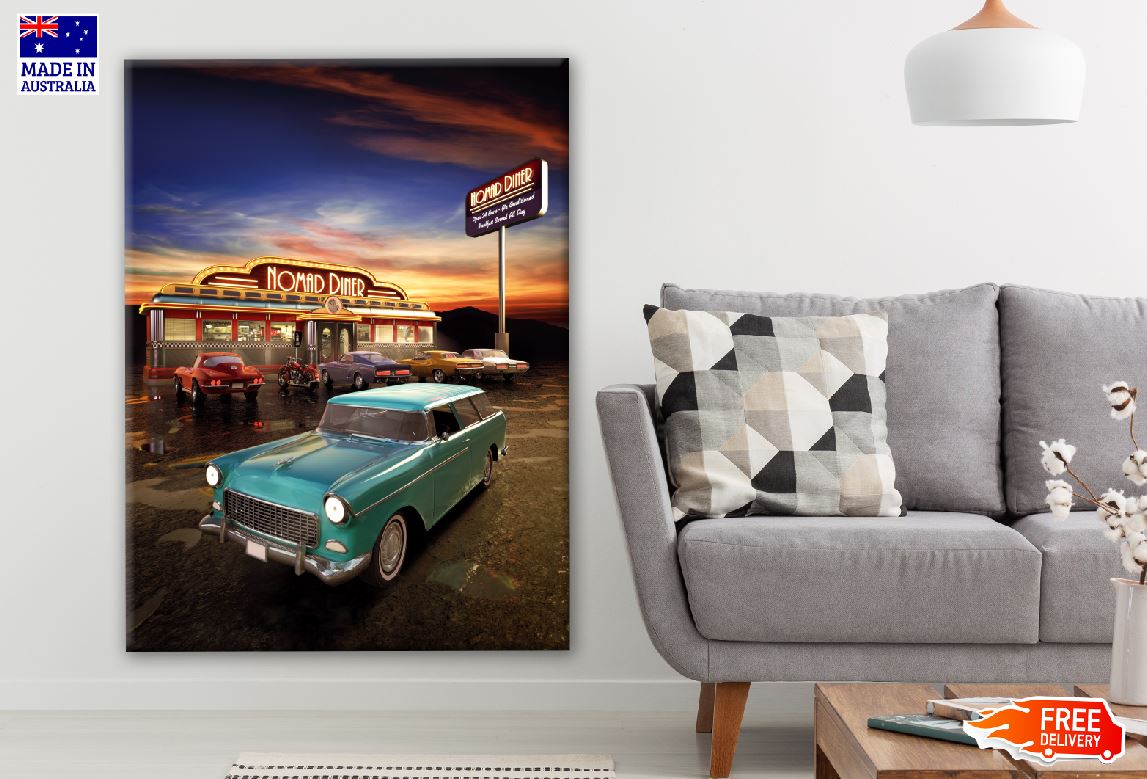Vintage Cars Parked Near Restaurant Print 100% Australian Made