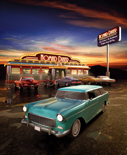 Vintage Cars Parked Near Restaurant Print 100% Australian Made