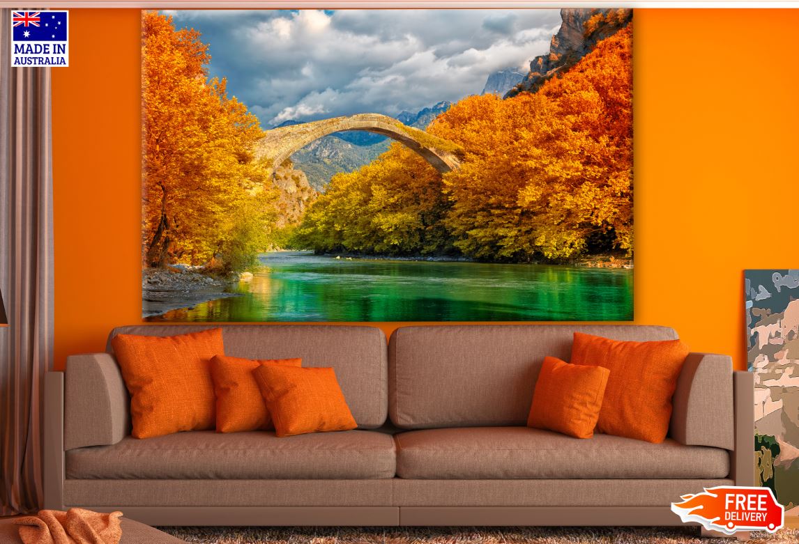Bridge Over Lake Between Autumn Forest Photograph Print 100% Australian Made