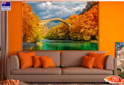 Bridge Over Lake Between Autumn Forest Photograph Print 100% Australian Made