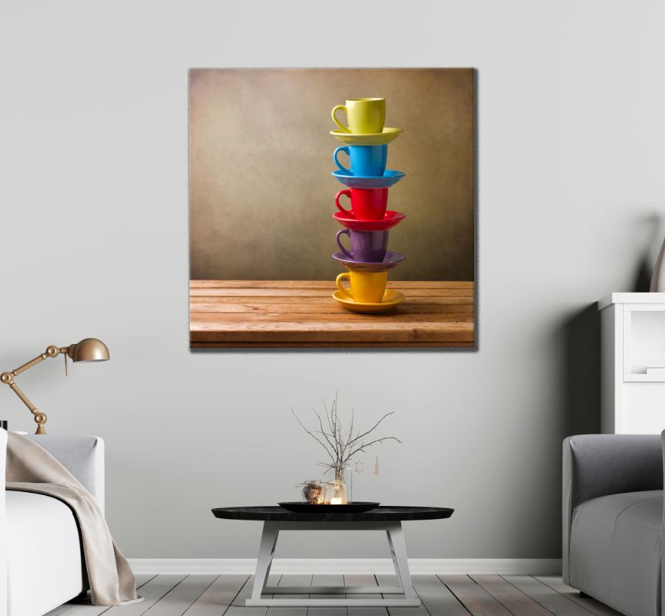 Square Canvas Colorful Cups on Table High Quality Print 100% Australian Made