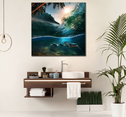 Square Canvas Turtles in Sea Photograph High Quality Print 100% Australian Made