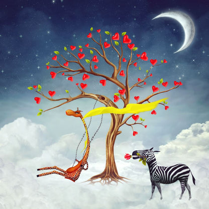 Zebra & Giraffe on Clouds Watercolor Painting High Quality Print 100% Australian Made