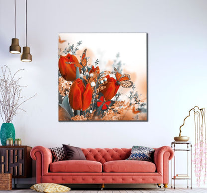 Square Canvas Red Flowers & Butterflies High Quality Print 100% Australian Made