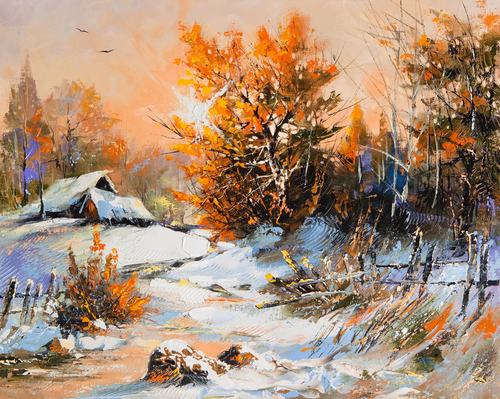 House in Snow Forest Oil Painting Home Decor Premium Quality Poster Print Choose Your Sizes