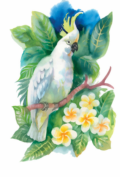 Parrot on the Branch with F-lowers Watercolor Painting Print 100% Australian Made