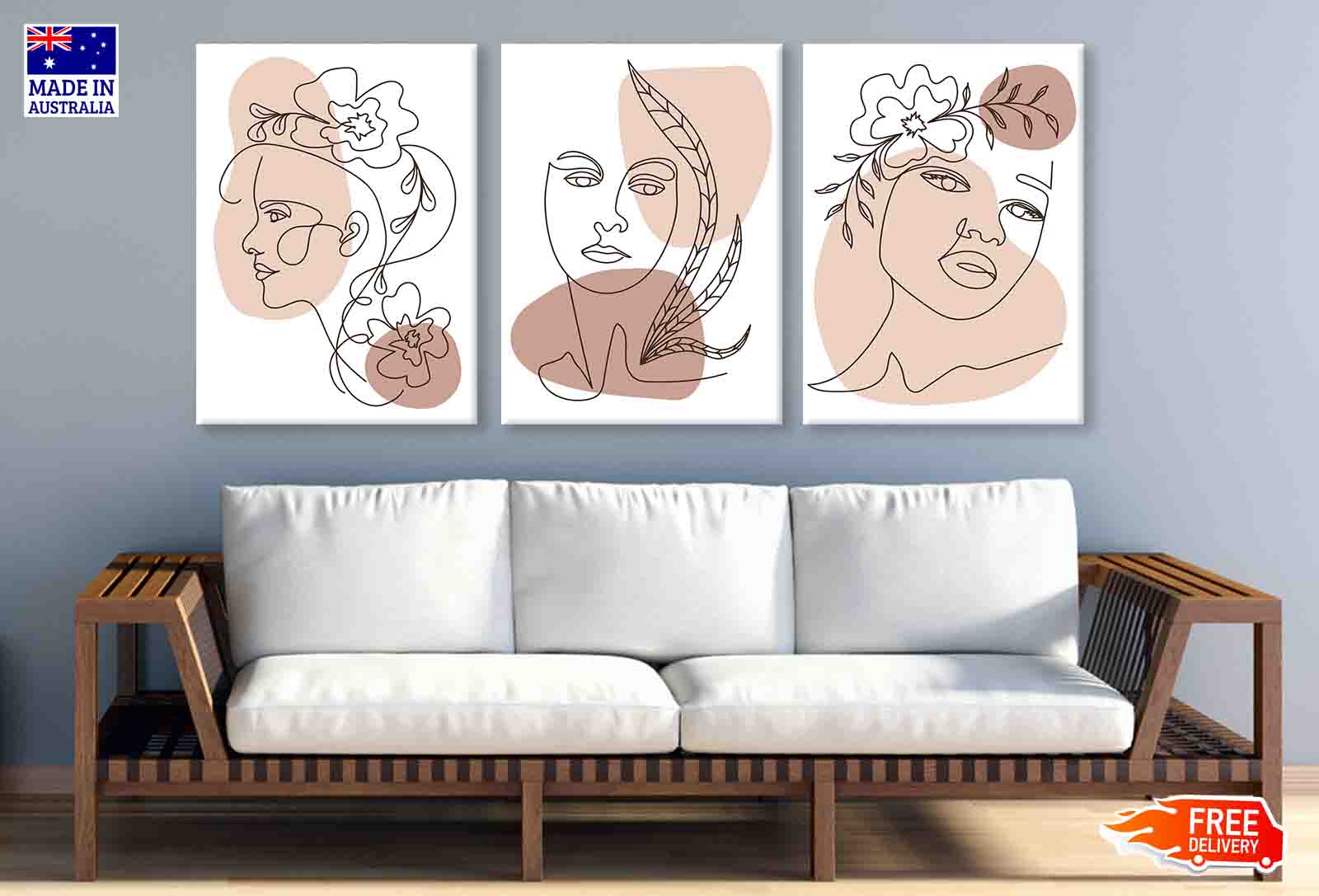 3 Set of Girl Face with Flowers Line Art Illustration High Quality Print 100% Australian Made Wall Canvas Ready to Hang