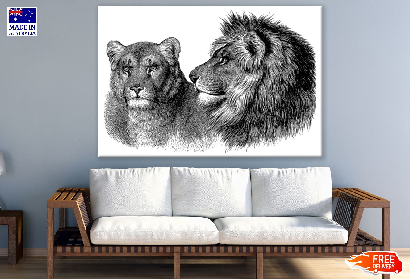 Lion Couple B&W Art Design Print 100% Australian Made