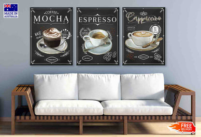 3 Set of Mocha Espresso & Cappuccino Vector High Quality Print 100% Australian Made Wall Canvas Ready to Hang