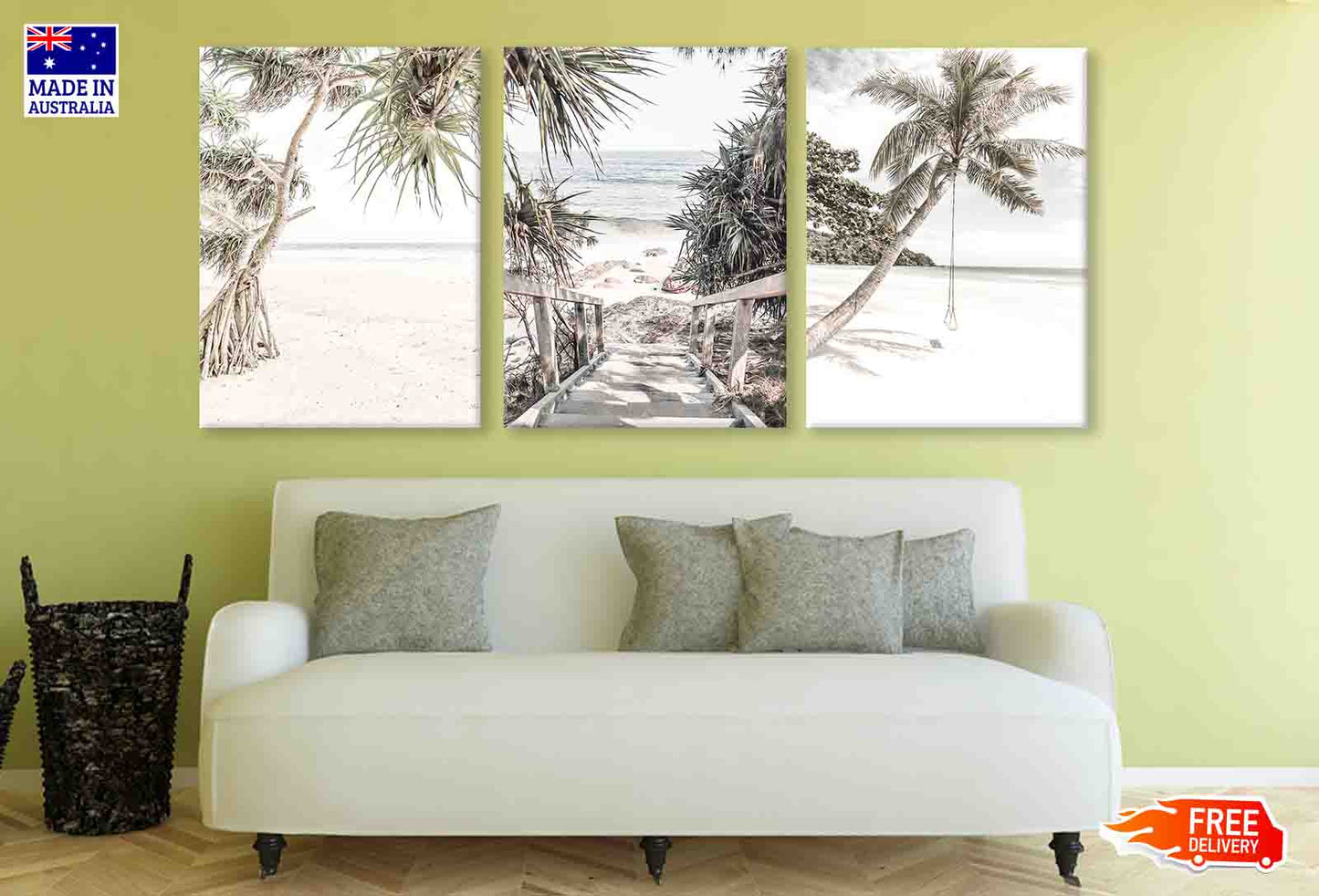 3 Set of Palm Tree & Sea with Swing Photograph High Quality Print 100% Australian Made Wall Canvas Ready to Hang