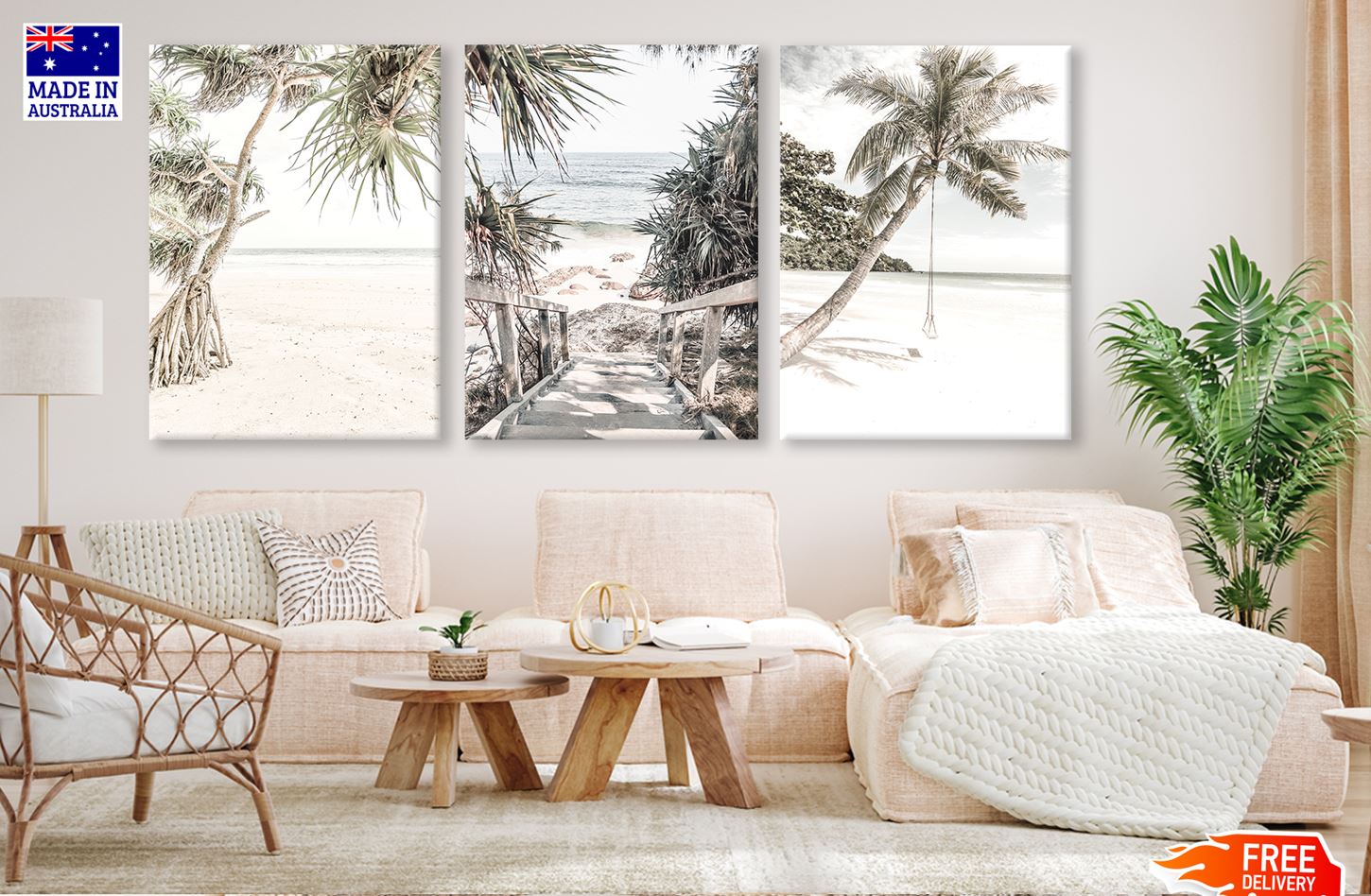 3 Set of Palm Tree & Sea with Swing Photograph High Quality Print 100% Australian Made Wall Canvas Ready to Hang