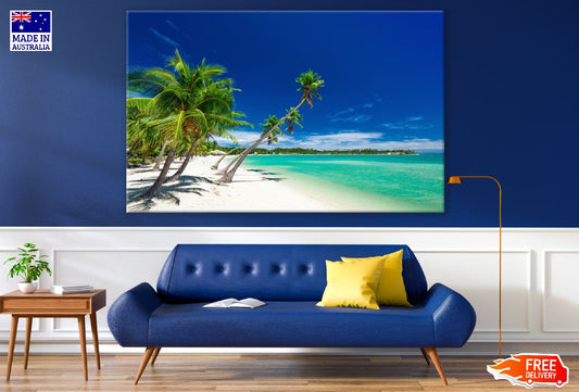 Palm trees over white beach Island, Fiji, South Pacific Print 100% Australian Made