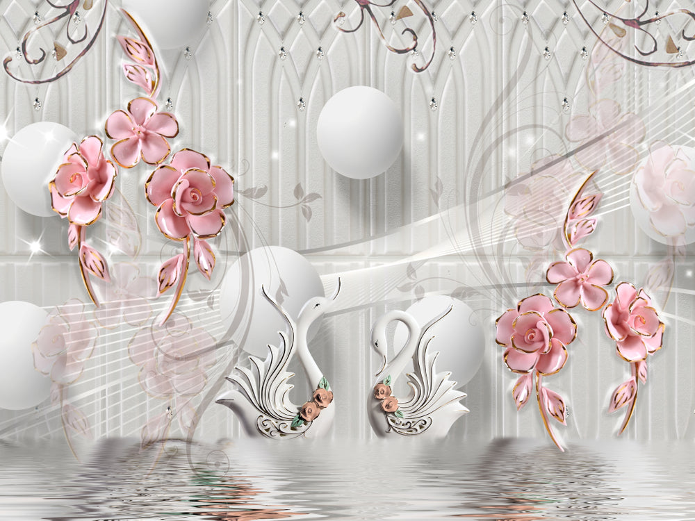 Pink Gold Flowers & Swans 3D Design Print 100% Australian Made