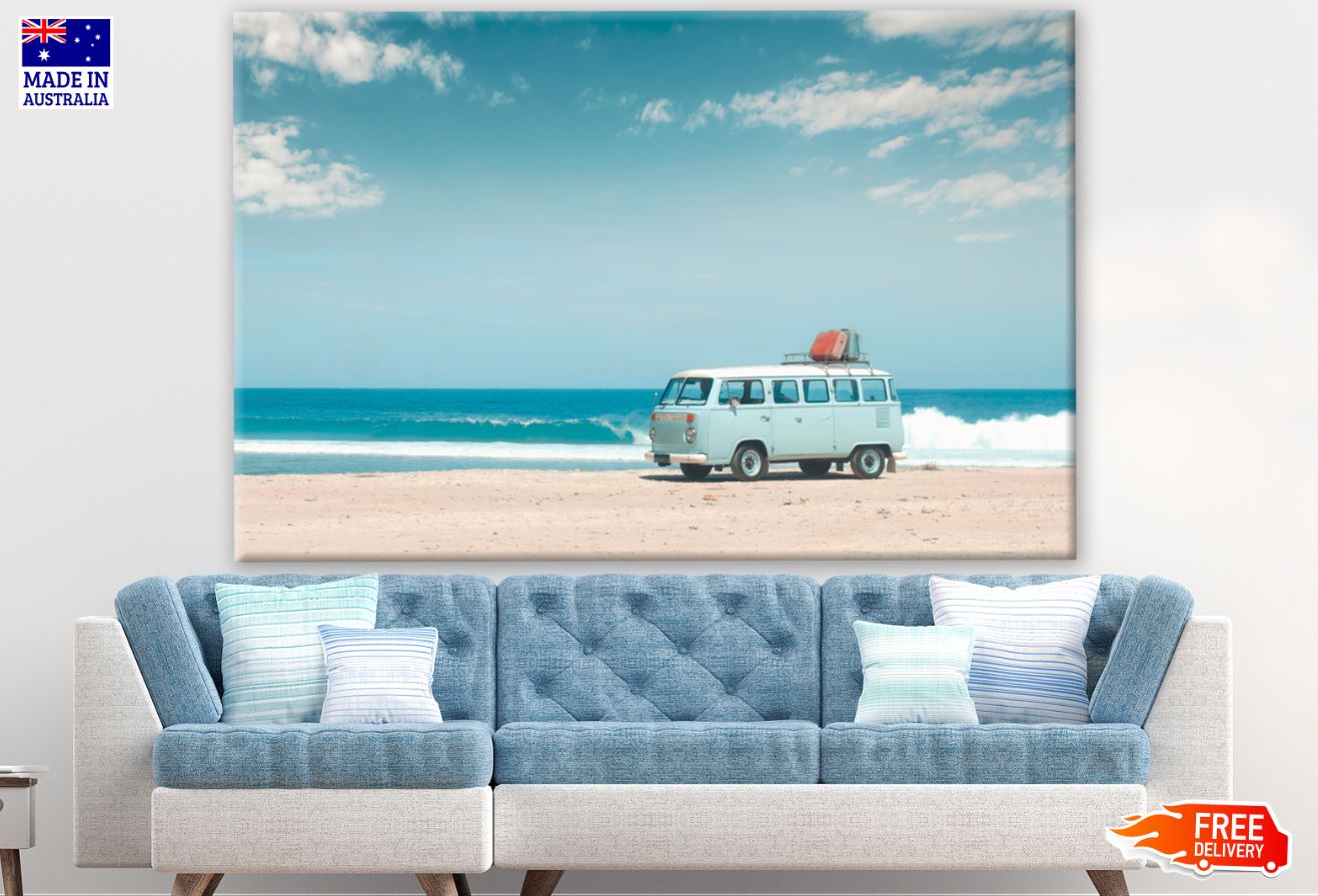 Blue Minivan at Beach Photograph Print 100% Australian Made