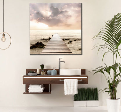 Square Canvas Wooden Pier Over Lake Scenery High Quality Print 100% Australian Made