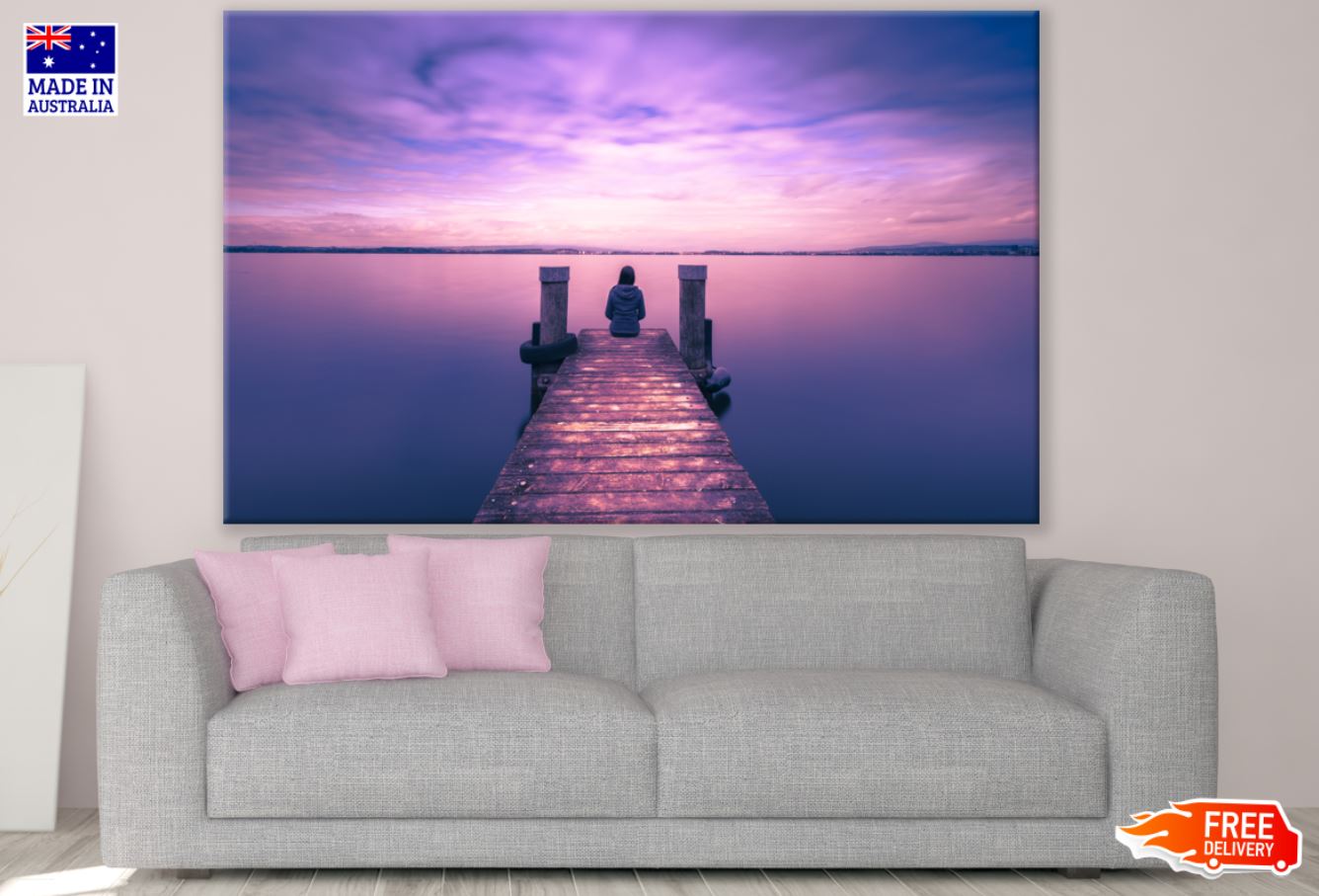 Man Sitting on Wooden Pier Over Lake at Sunset Photograph Print 100% Australian Made