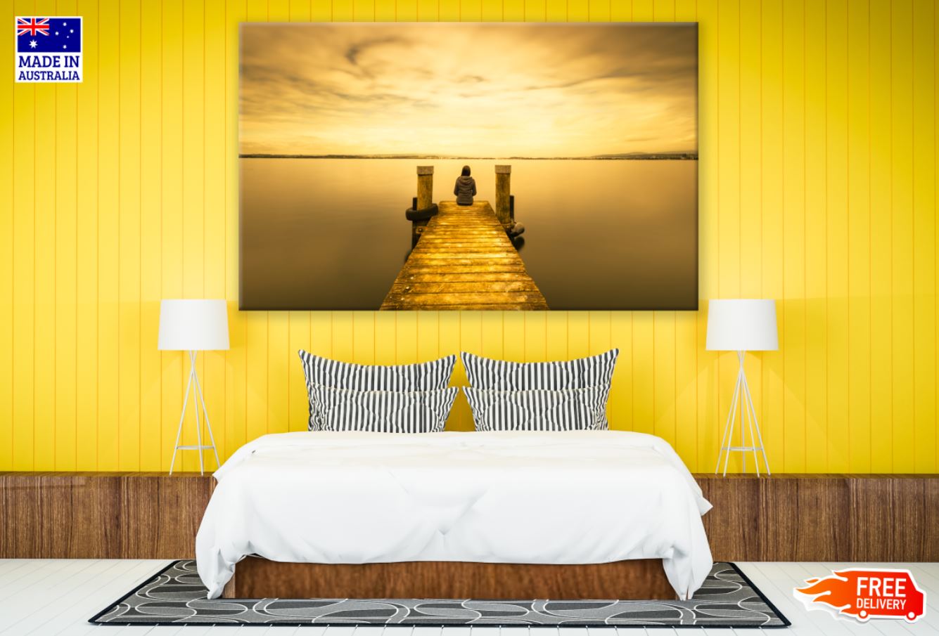 Man Sitting on Wooden Pier Over Lake at Sunset Photograph Print 100% Australian Made