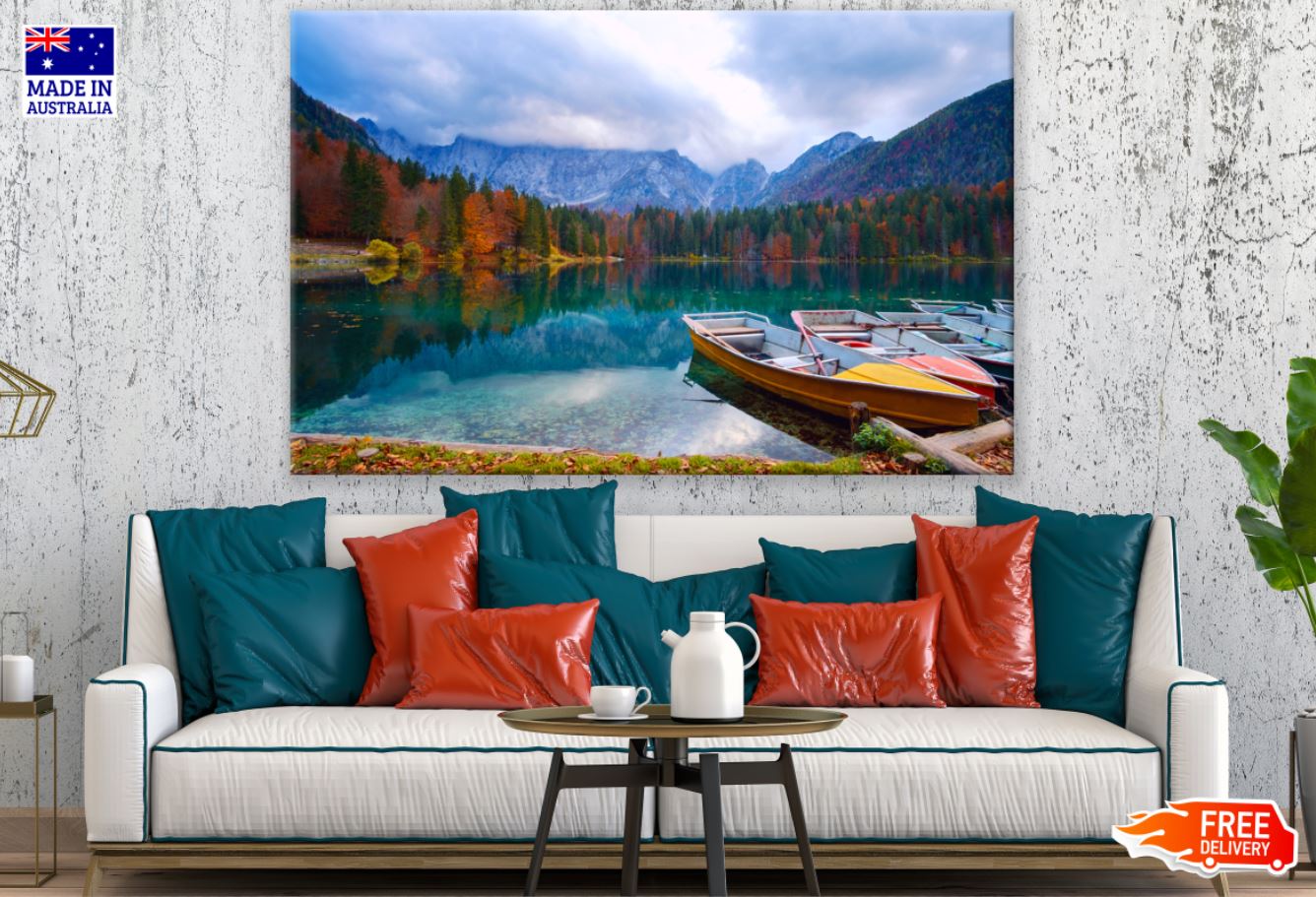 Boats on Mountain Lake with Forest View Photograph Print 100% Australian Made