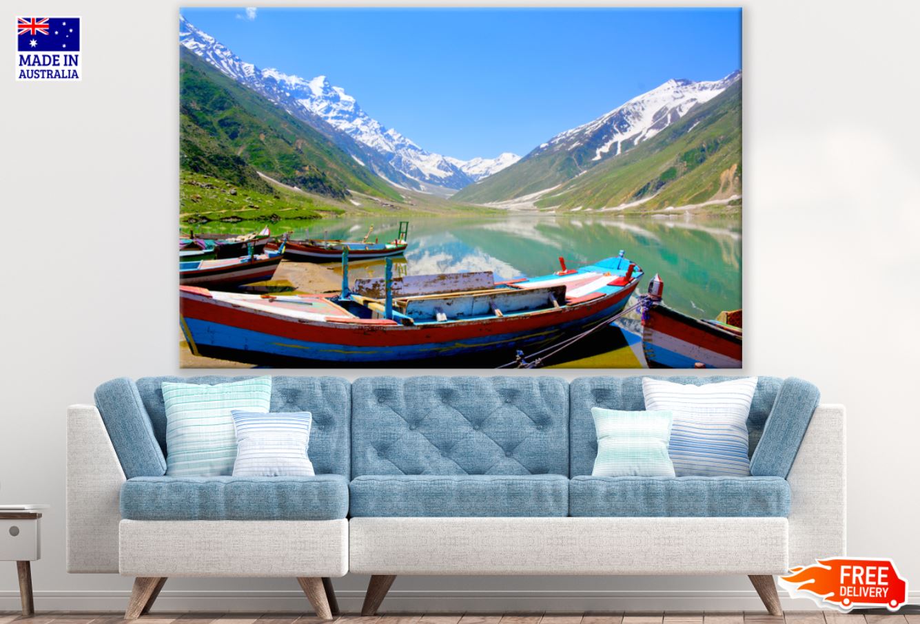 Boats on Mountain Lake with Forest View Photograph Print 100% Australian Made