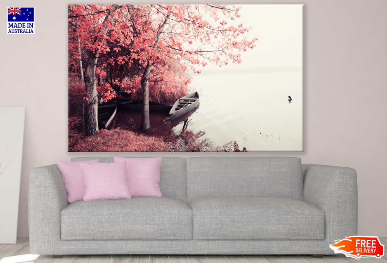 Boat on a Lake Near Pink Tree Forest Photograph Print 100% Australian Made
