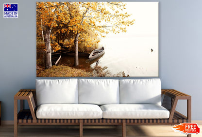 Boat on a Lake Near Yellow Tree Forest Photograph Print 100% Australian Made