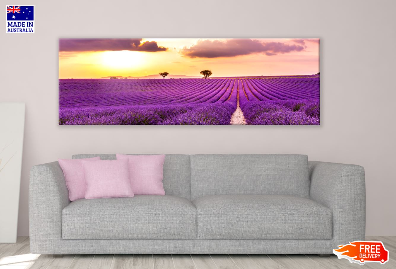 Panoramic Canvas Lavender Field Sunset View Photograph High Quality 100% Australian made wall Canvas Print ready to hang