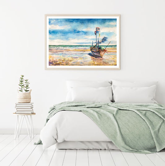 Boat on Sea Shore Painting Home Decor Premium Quality Poster Print Choose Your Sizes