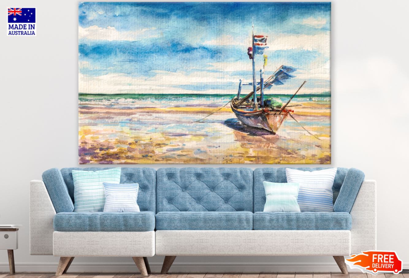 Boat on Shore Watercolor Painting Print 100% Australian Made