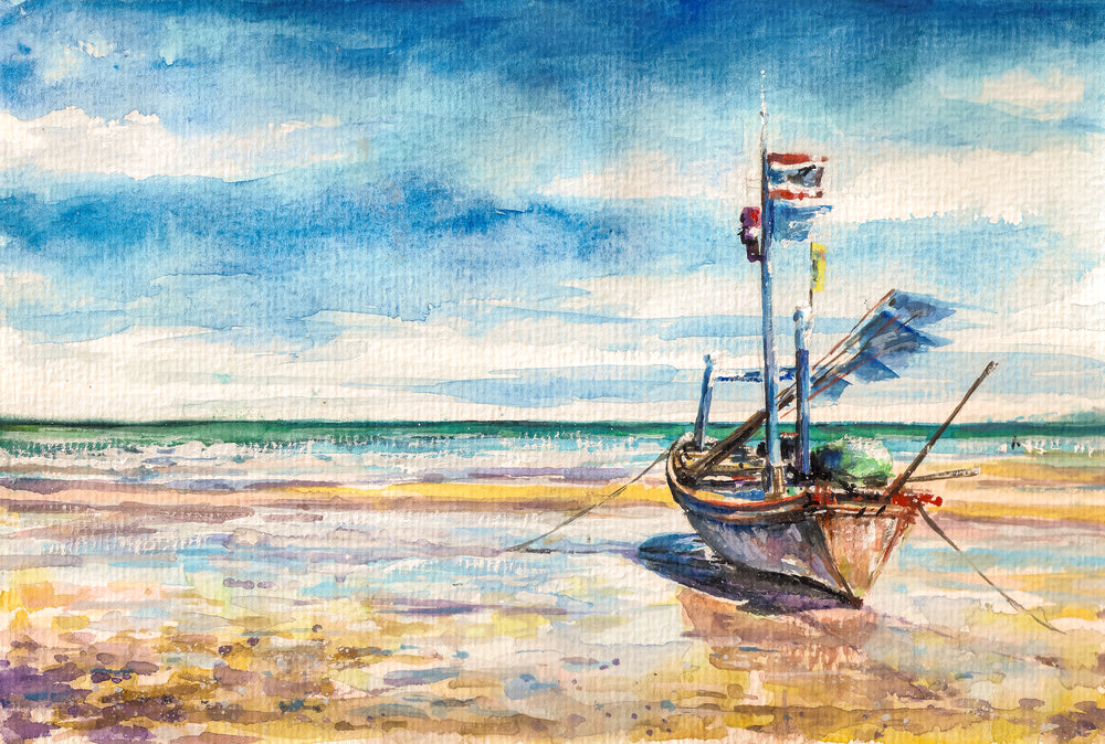 Boat on Sea Shore Painting Home Decor Premium Quality Poster Print Choose Your Sizes