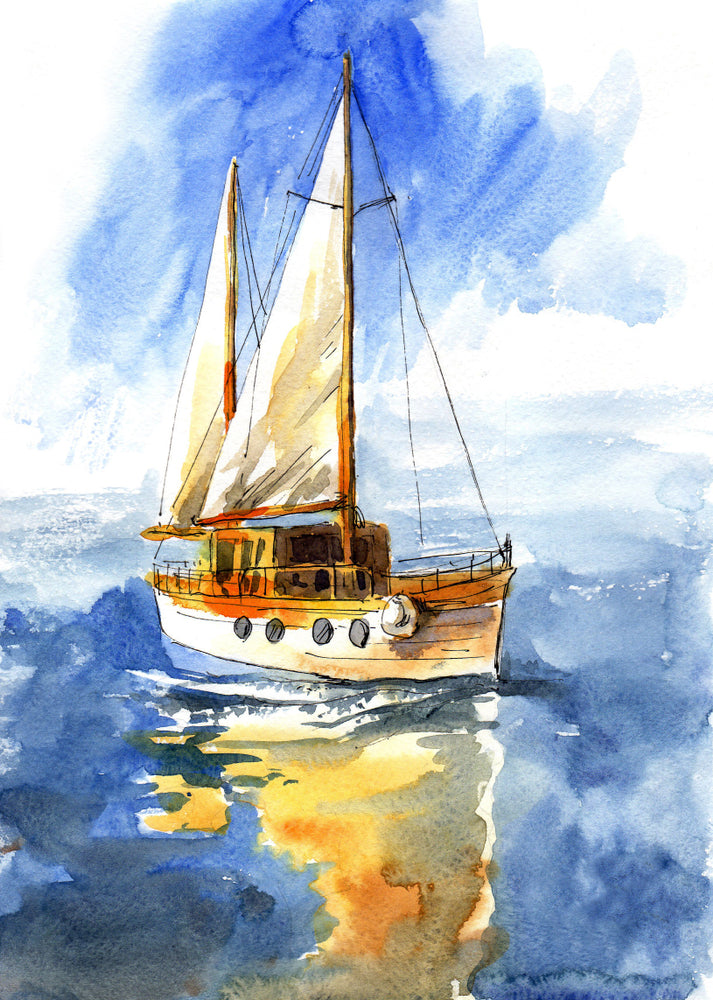 Ship Sailing on Beach Watercolor Painting Print 100% Australian Made