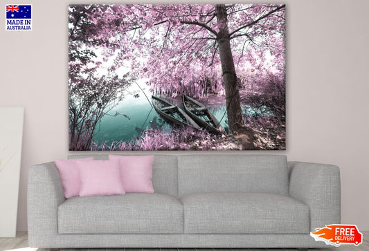 Rose Leafy Tree Forest & Boat on Lake Photograph Print 100% Australian Made