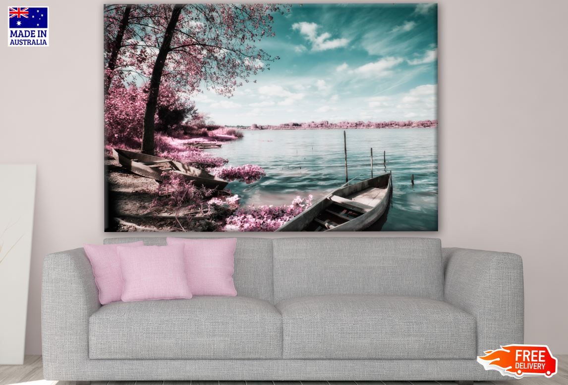 Rose Leafy Tree Forest & Boat on Lake Photograph Print 100% Australian Made