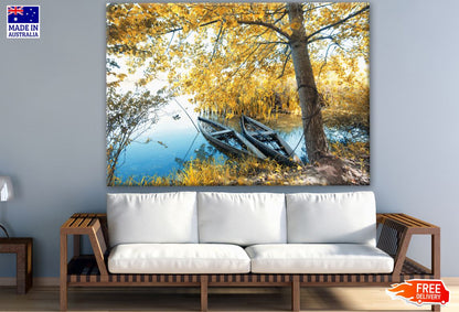 Yellow Leafy Tree Forest & Boat on Lake Photograph Print 100% Australian Made