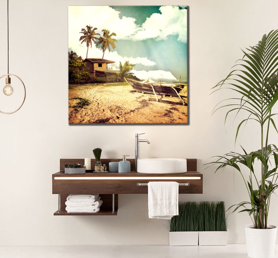 Square Canvas Boat & Beach House Near Sea Photograph High Quality Print 100% Australian Made