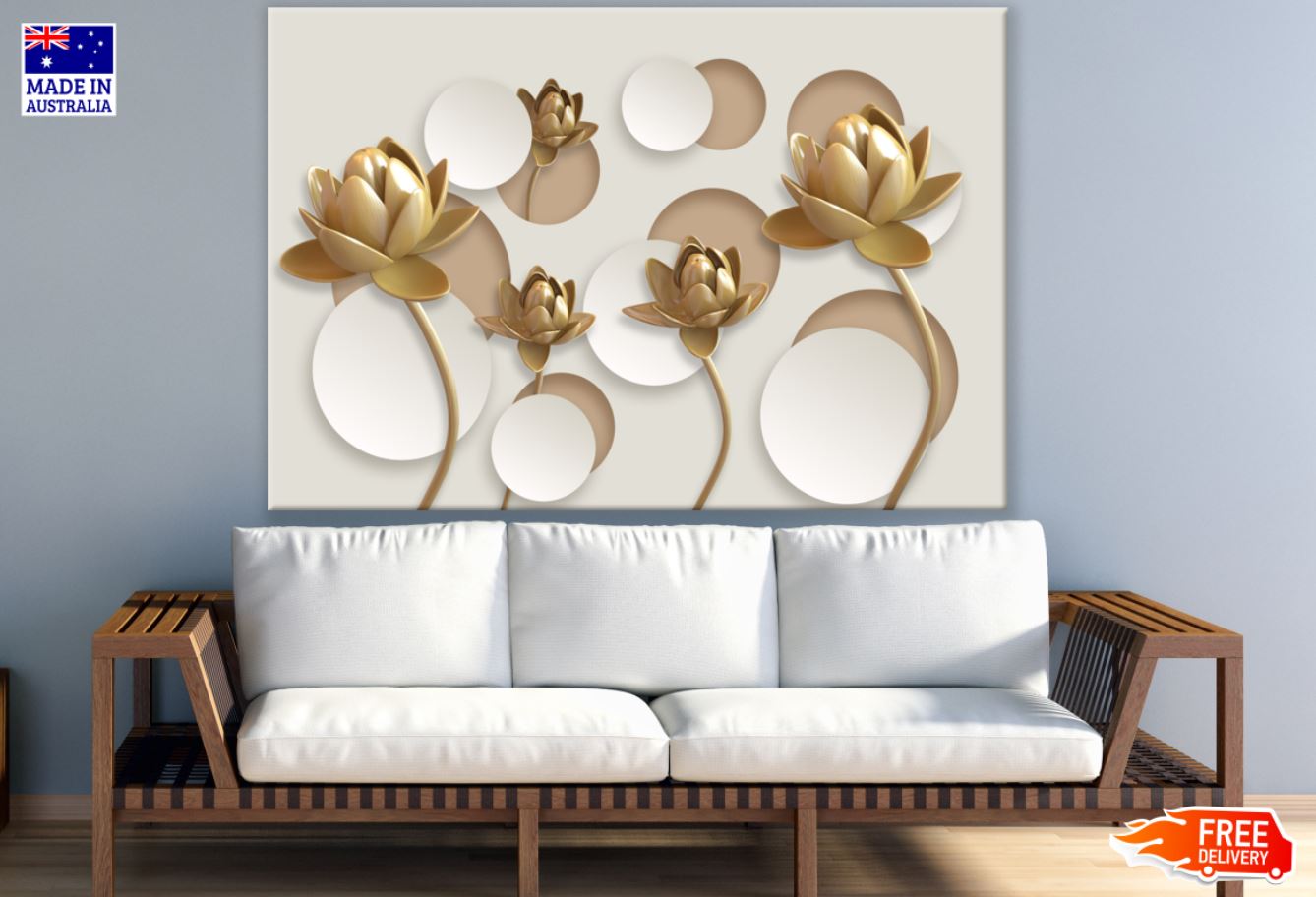 Golden Abstract Flowers Design Print 100% Australian Made