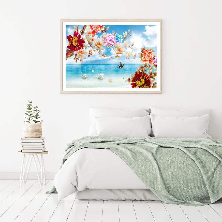 Flowers & Swans on Beach Scenery Photograph Home Decor Premium Quality Poster Print Choose Your Sizes