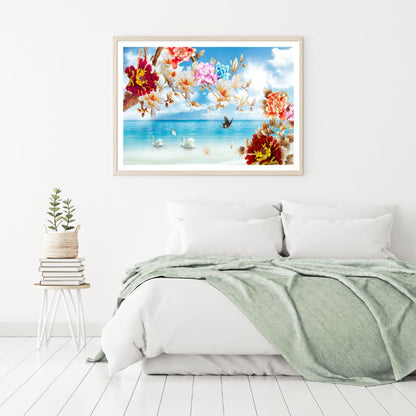 Flowers & Swans on Beach Scenery Photograph Home Decor Premium Quality Poster Print Choose Your Sizes
