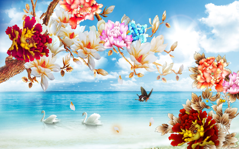 Flowers & Swans on Beach Scenery Photograph Home Decor Premium Quality Poster Print Choose Your Sizes