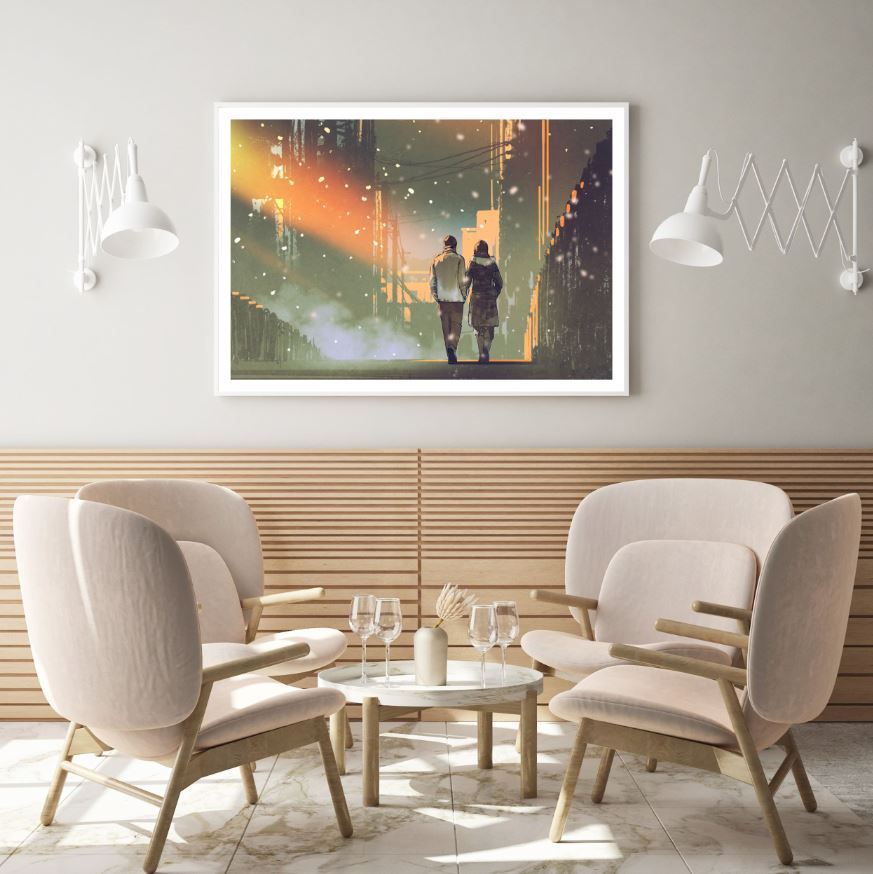Couple Walk Along the Street Painting Home Decor Premium Quality Poster Print Choose Your Sizes